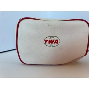 Vintage TWA Trans‎ World Airlines White Vinyl Travel Kit Amenity Bag Red Piping